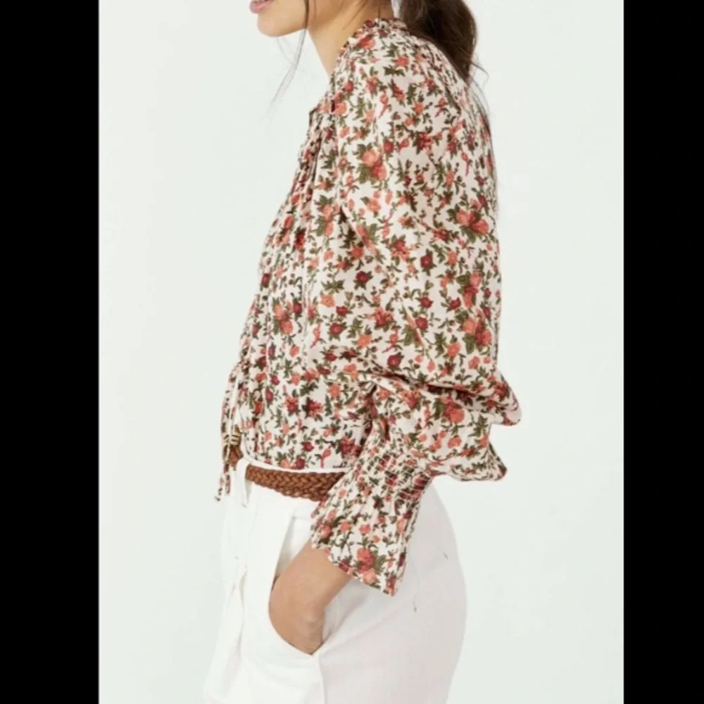 Free People Meant To Be Floral Roses Cotton Poet Blouse Statement Sleeves